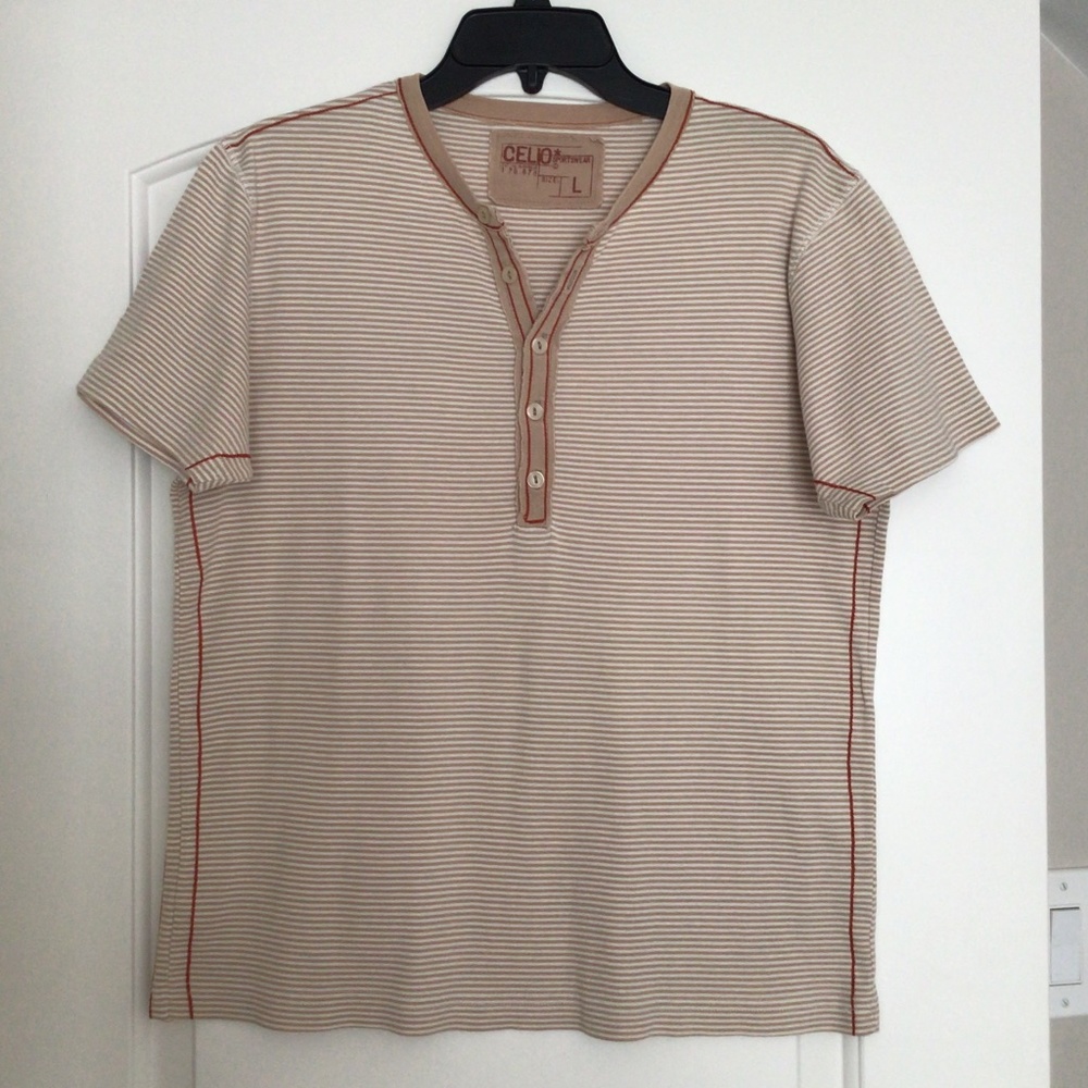 Celio White with Tan Stripes Henley  size L ( runs like a M )